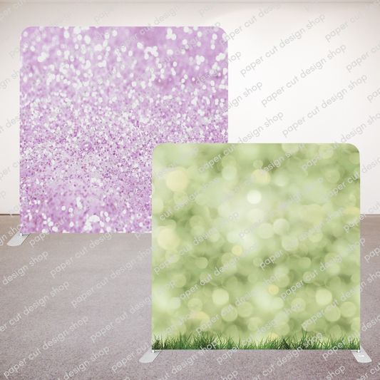 Easter Purple Glitter & Green Bokeh w/ Grass Pillowcase Style Double-sided Backdrop with Frame Bundle