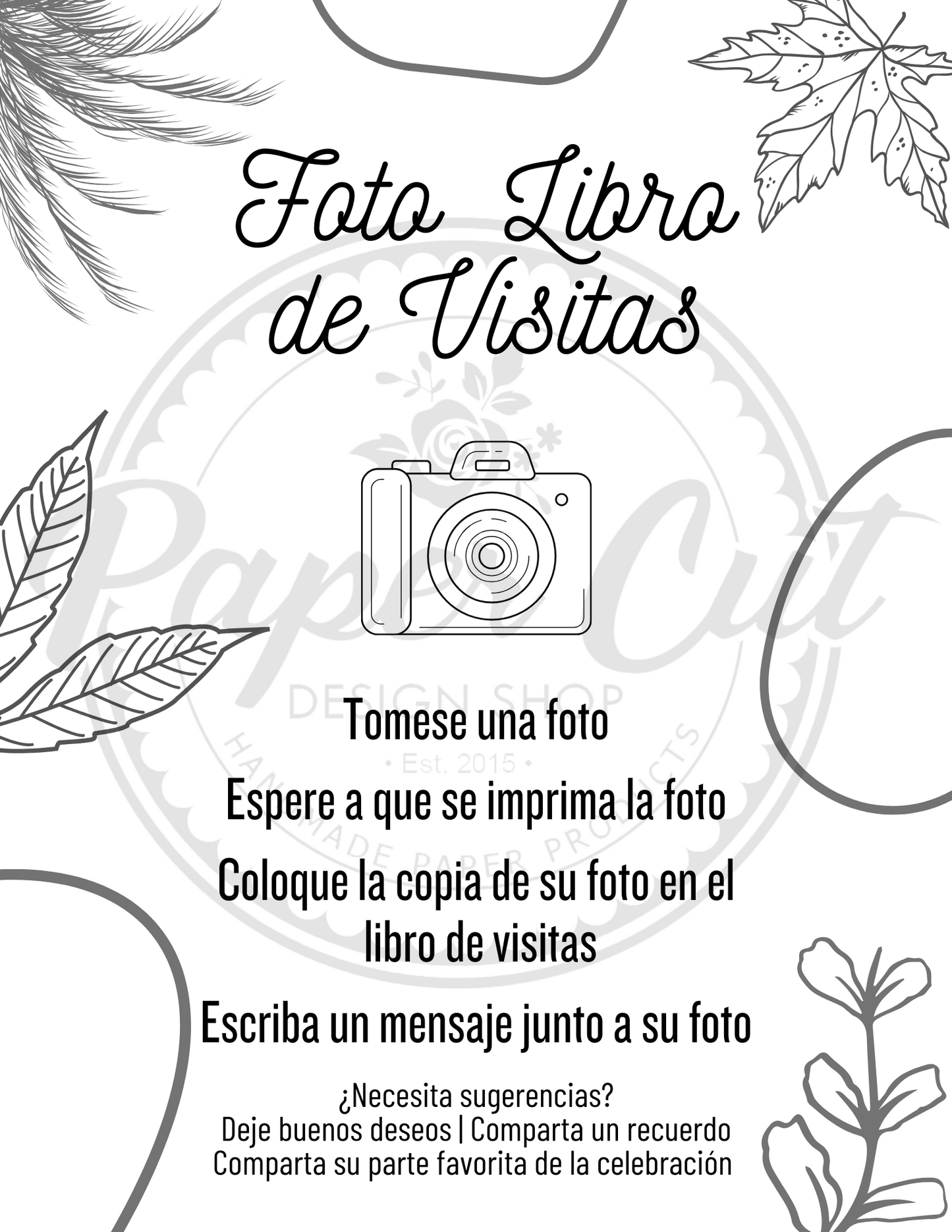 Phone Guestbook Sign - Black Leaves SPANISH (Digital Download)