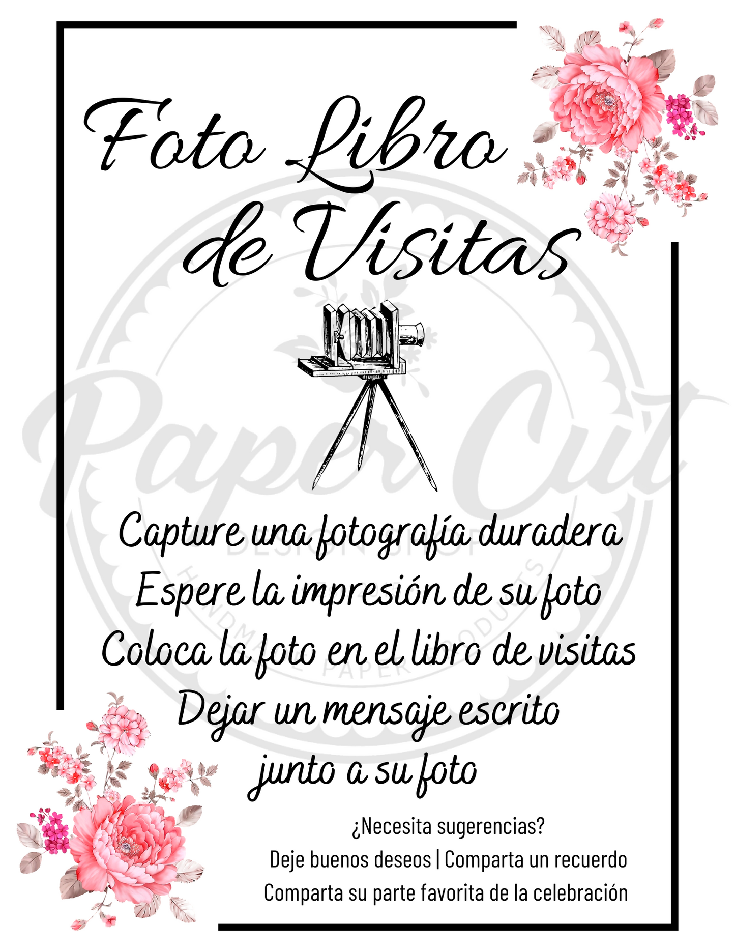 Photo Guestbook Sign - Vintage Camera Pink Floral - SPANISH (Digital Download)
