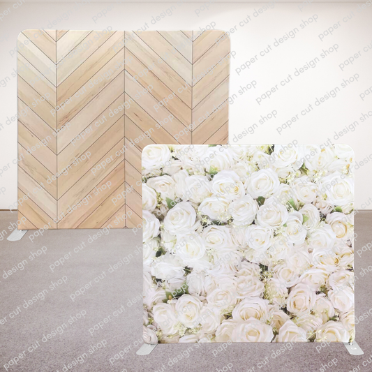 Chevron Light Wood & White Flower Wall Pillowcase Style Double-sided Backdrop with Frame Bundle