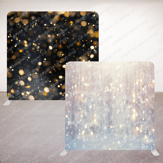 Winter Holiday Black and Gold Bokeh & White Frosty Snowflake Bokeh Pillowcase Style Double-sided Backdrop with Frame Bundle