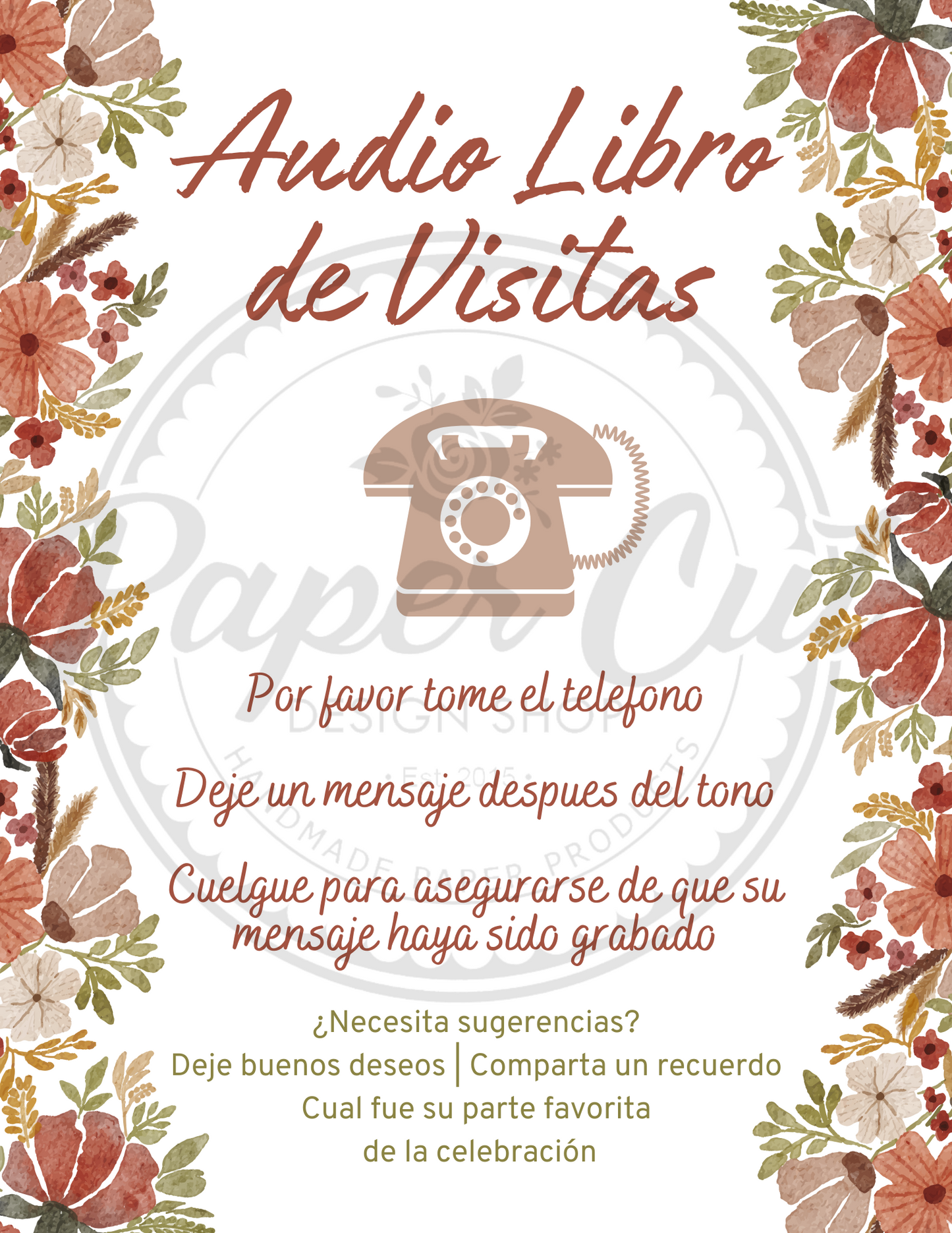 Audio Guestbook Sign - Retro Phone Autumn Floral - Spanish (Digital Download)