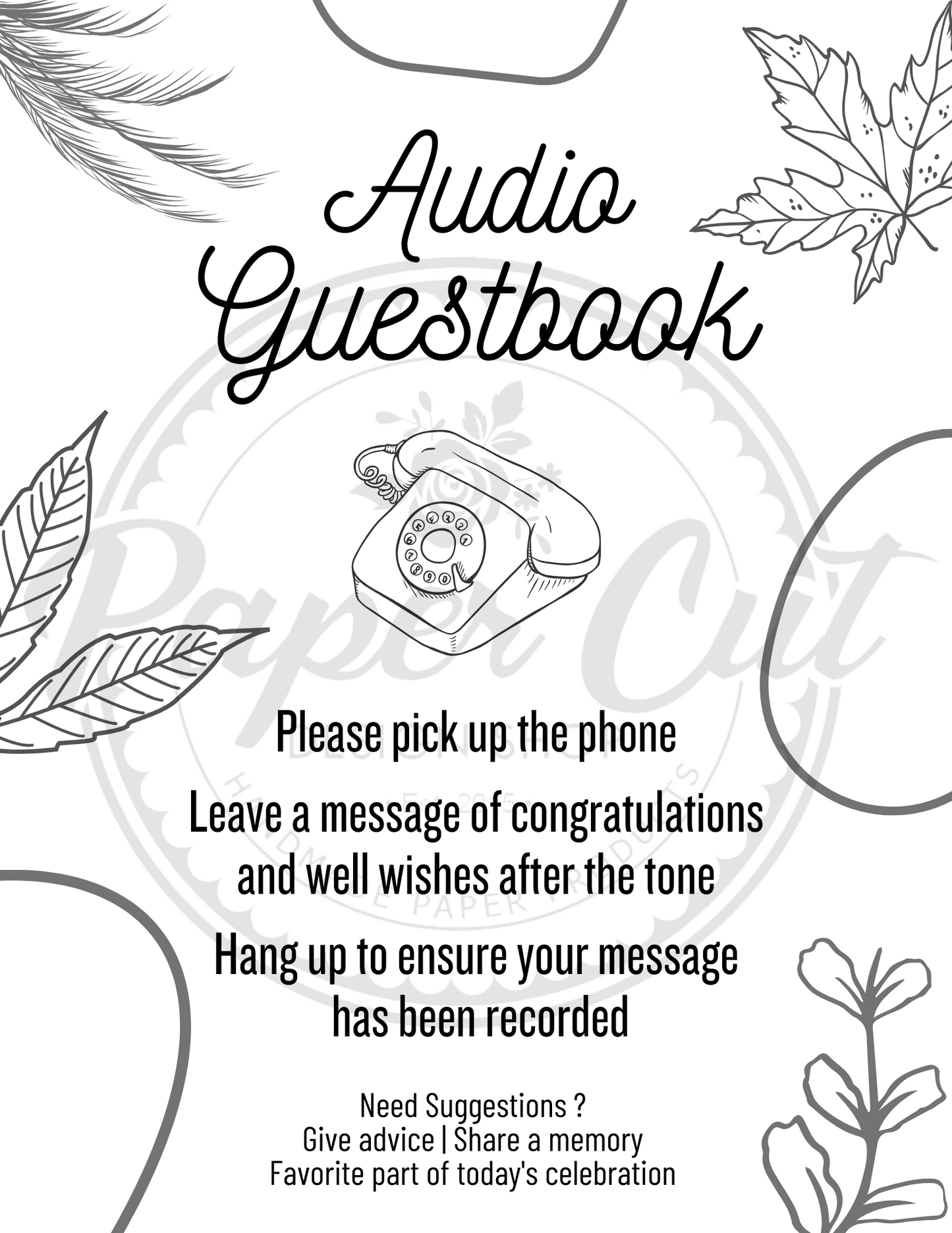Audio Guestbook Sign - Retro Phone Gray Leaves (Digital Download)