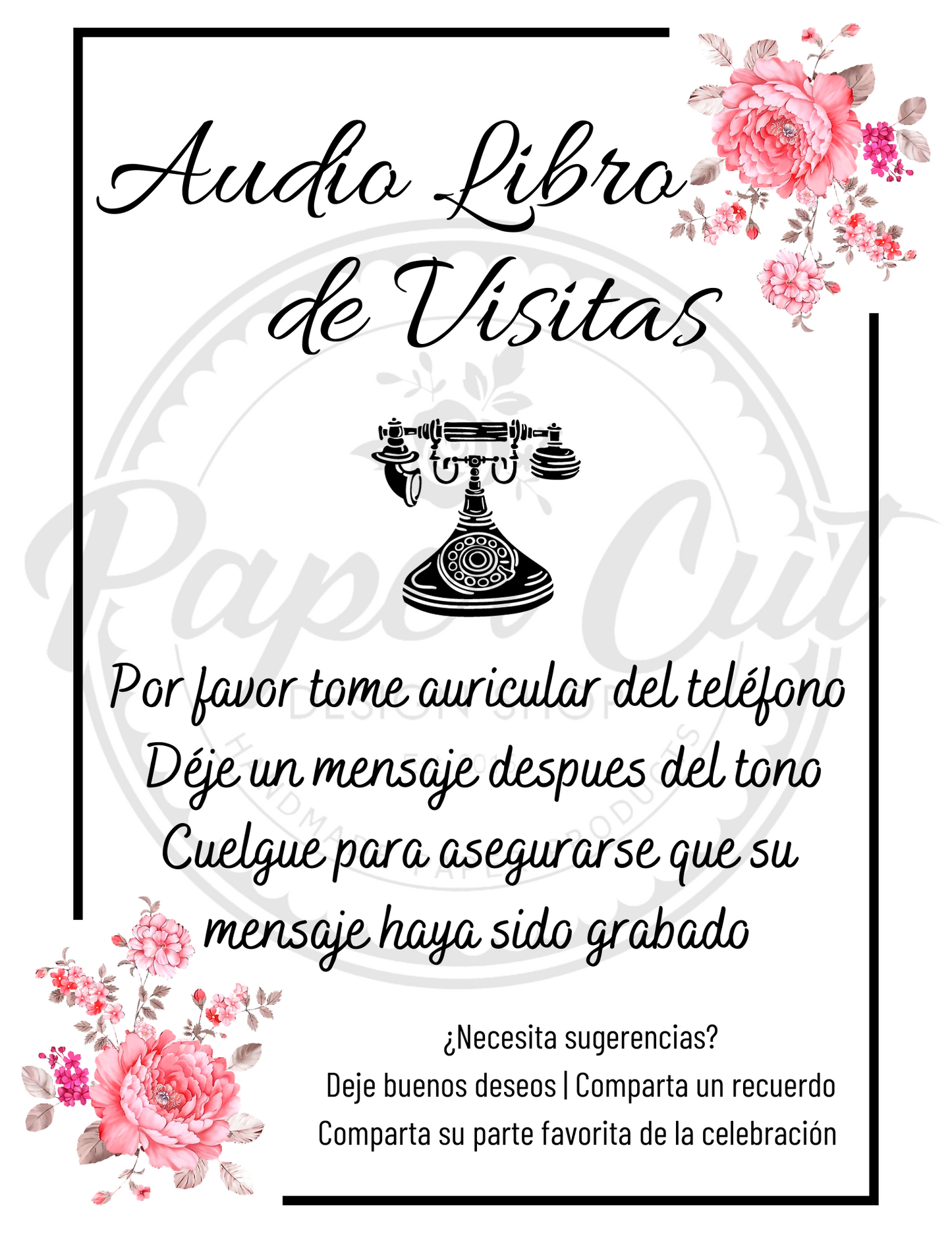Audio Guestbook Sign - Vintage Phone Pink Floral - SPANISH(Digital Download)