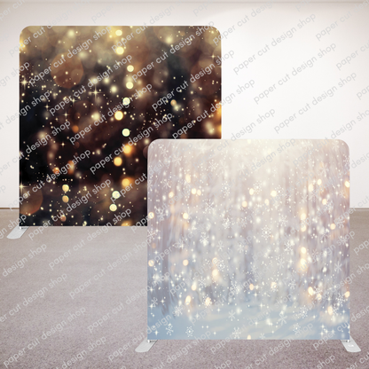 Winter Holiday Black and Gold Bokeh & White Frosty Snowflake Bokeh Pillowcase Style Double-sided Backdrop with Frame Bundle